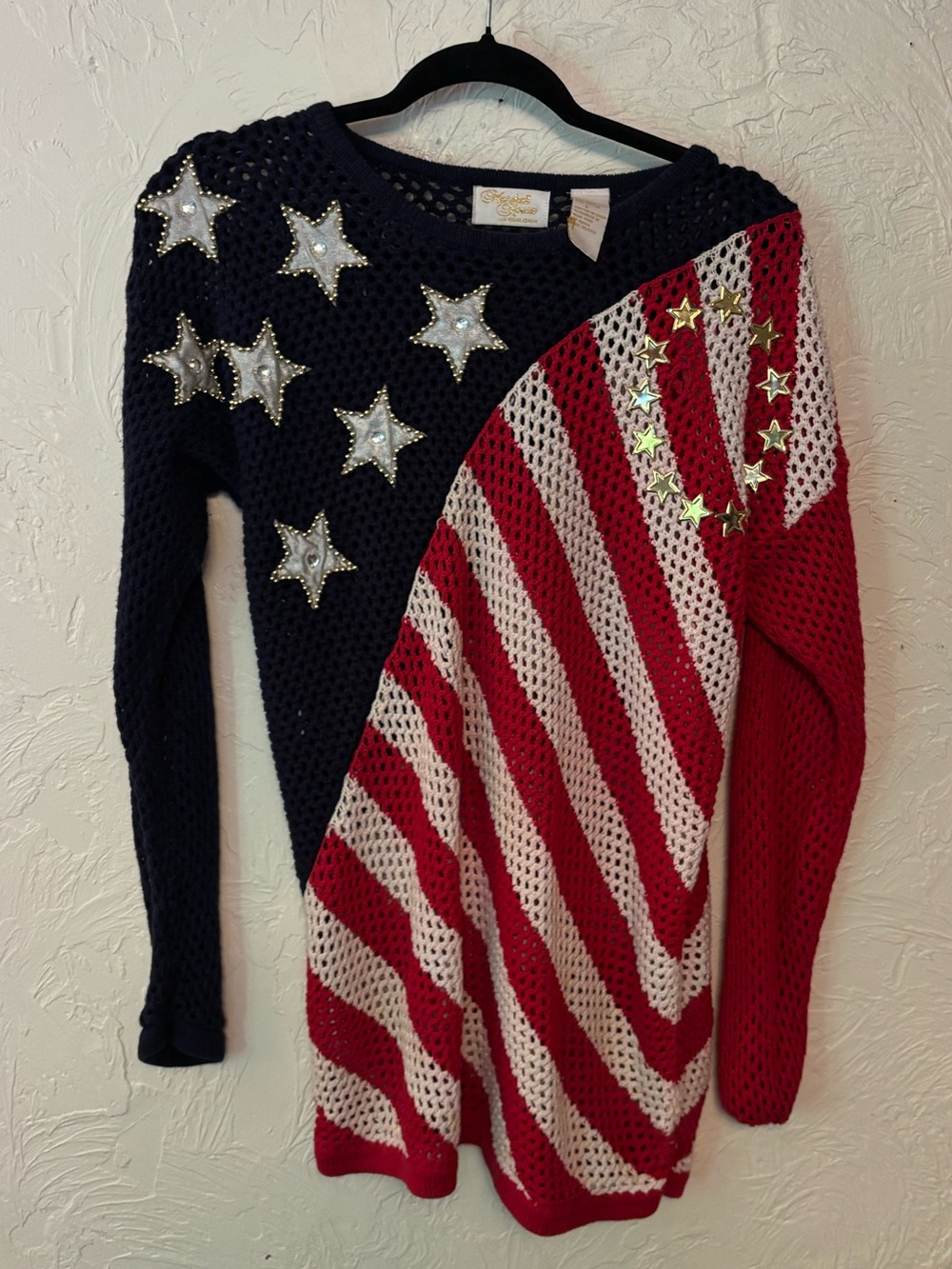 Vintage 1990s Embroidered USA Star & Stripe Knit Sweater